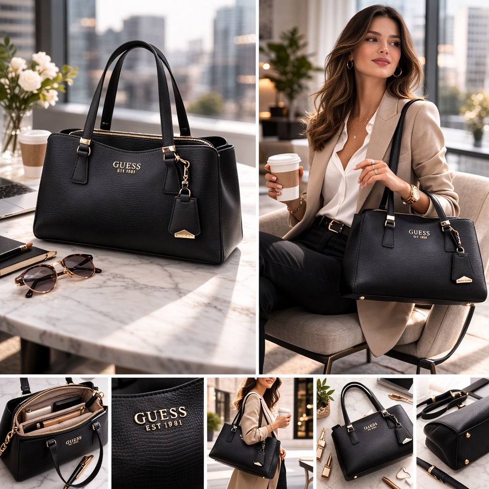 GUESS Lyndi Large Girlfriend Satchel Black Croc Embossed Faux Leather